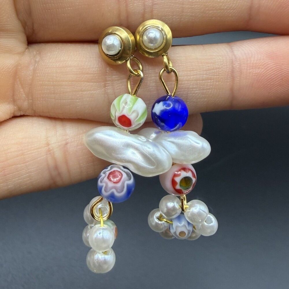 Millefiori Murano Glass Pearl Flower Dangle Drop Earrings Gold Tone Pierced Post